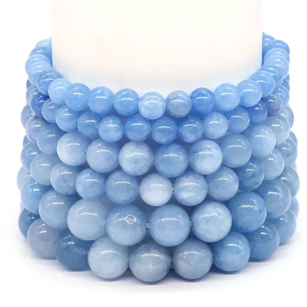 Natural Round Blue Aquamarine Beads Bracelets for Men Women Couple Healing Crystal Stone Elastic Rope Energy Jewelry Gift