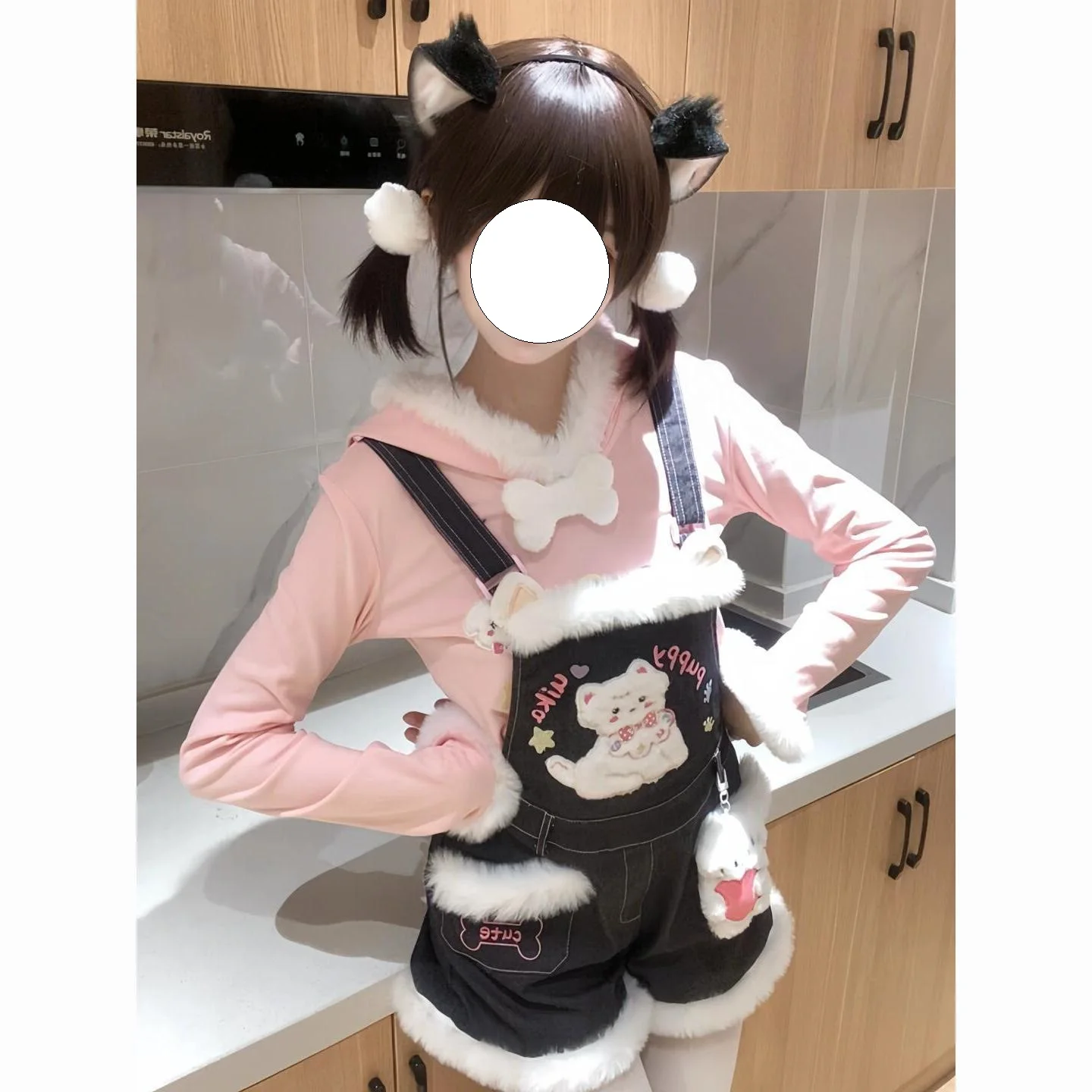 

Winter Y2K Cute Subculture ort Pants Vest Two-Piece Set Women's Plu Patchwork Hooded orts Upper Body Fem Faion