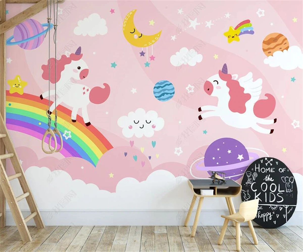 beibehang Customize the latest Nordic hand-painted rainbow unicorn pink castle starry sky children's room background wallpaper