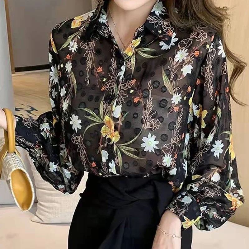 Perspective Floral Thin Loose Shirt Tops Summer New Polo Neck Long Sleeve Print Elegant Blouse Fashion Temperament Women Clothes