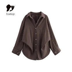 Koekop 2024 Women's Fashion Solid Color Striped Lazy Style Shirt Top Vintage Full Sleeve Temperament Women's Chic Lady Shirt