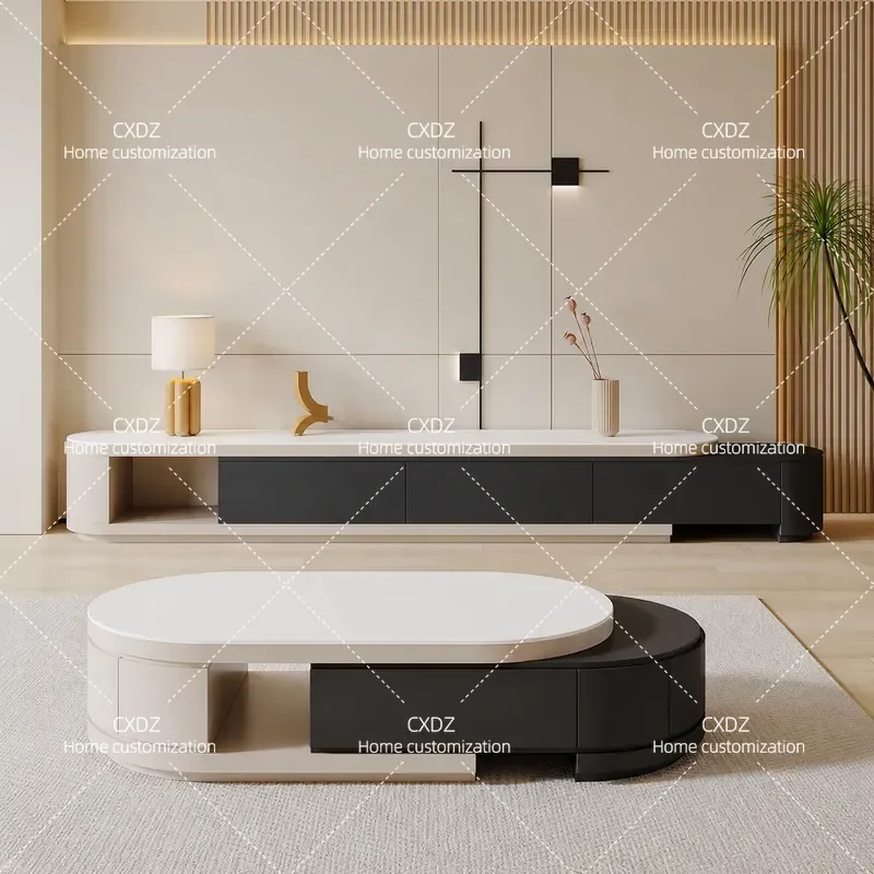 Modern Cream Style Retractable Sintered Stone Coffee Table with TV Cabinet Integrated Design for Small Living Room Apartment