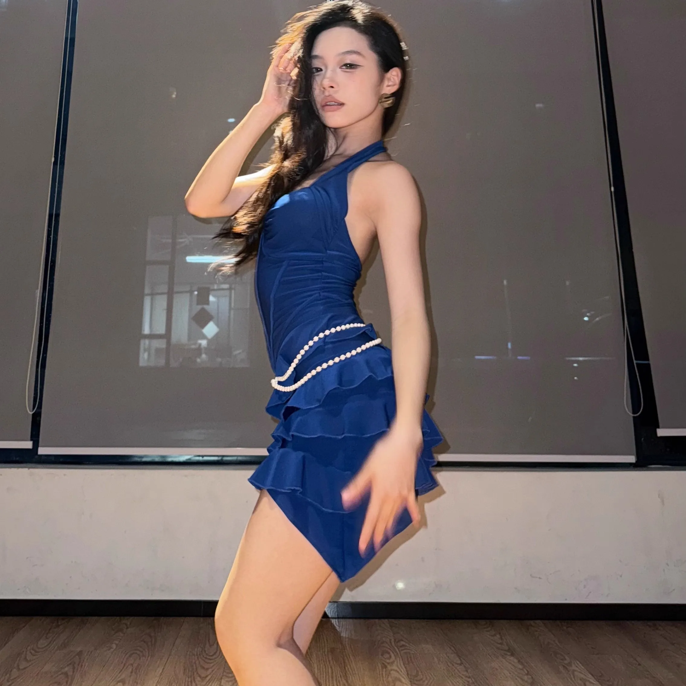 

UK Latin Dance Dress Women's Haltered Open Back Mini Dress Sexy Elegant for Performance & Practice Ballroom dance costumes