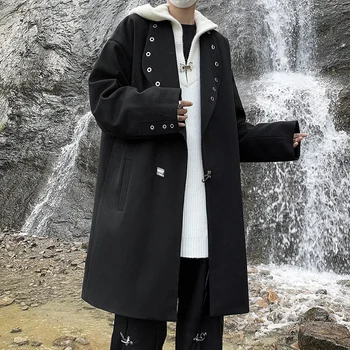 모직 트렌치 코트 남성용 가을과 겨울 미국 하이 스트리트 푸 슈아이 메탈 브레스트 고급 중간 길이 느슨한 모직 코트 