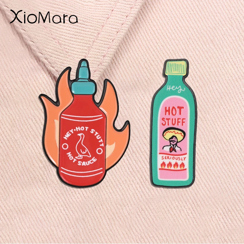 Hot Stuff Sauce Flaschen-Emaille-Pins, Scharfer Hahn, Sriracha Flamme, Scharfes Essen, Lustige Slang-Broschen, Anstecknadeln, Party-Schmuck, Geschenke