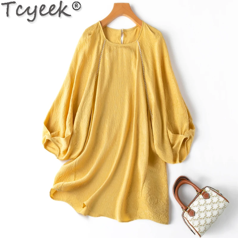 Tcyeek 100% Mulberry Silk Blouse Women mid-length Fashion Top for Women Clothes 2024 Elegant Women's Blouses Loose Fit T-shirt