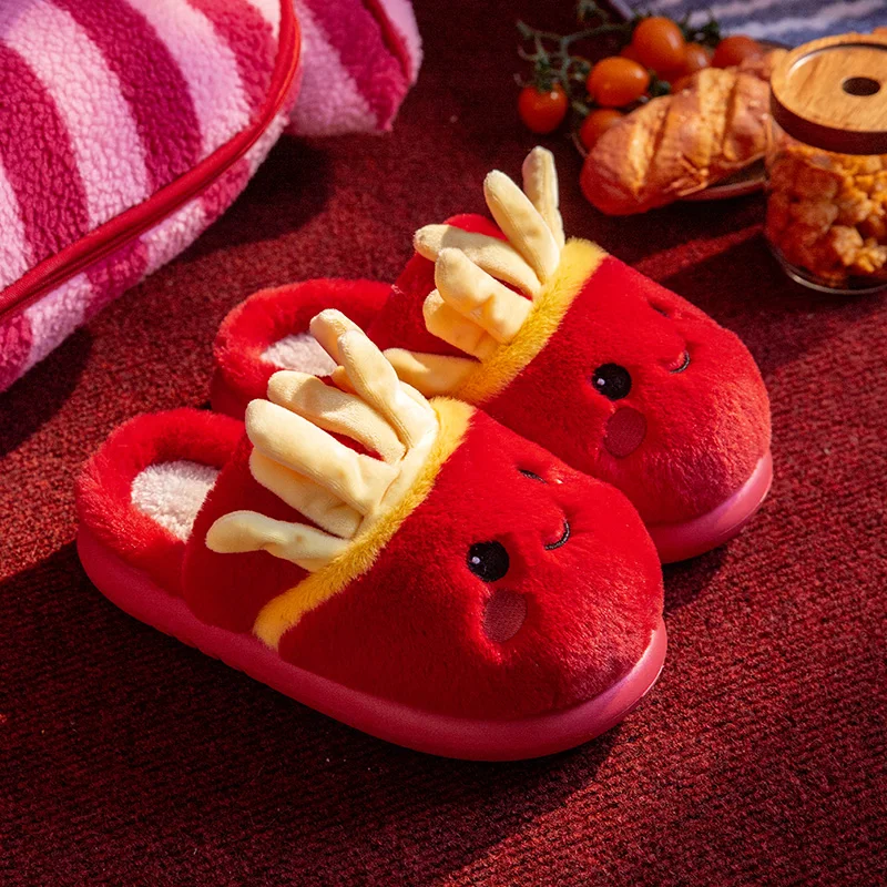

Winter Warm Shoes Women Indoor Plush Cotton Slippers Couple Home Slipper Cute Fries Slippers Indoor Thick Warm Plush Slippers