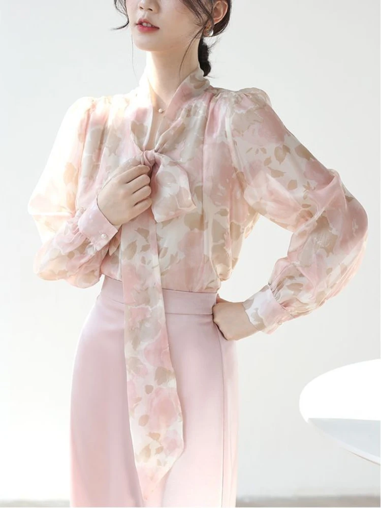 ADAgirl Elegant Floral Print Blouse Female Long Sleeve Shirt with Bow Tie Fairycore Style Spring Fashion French Style Ribbon Top