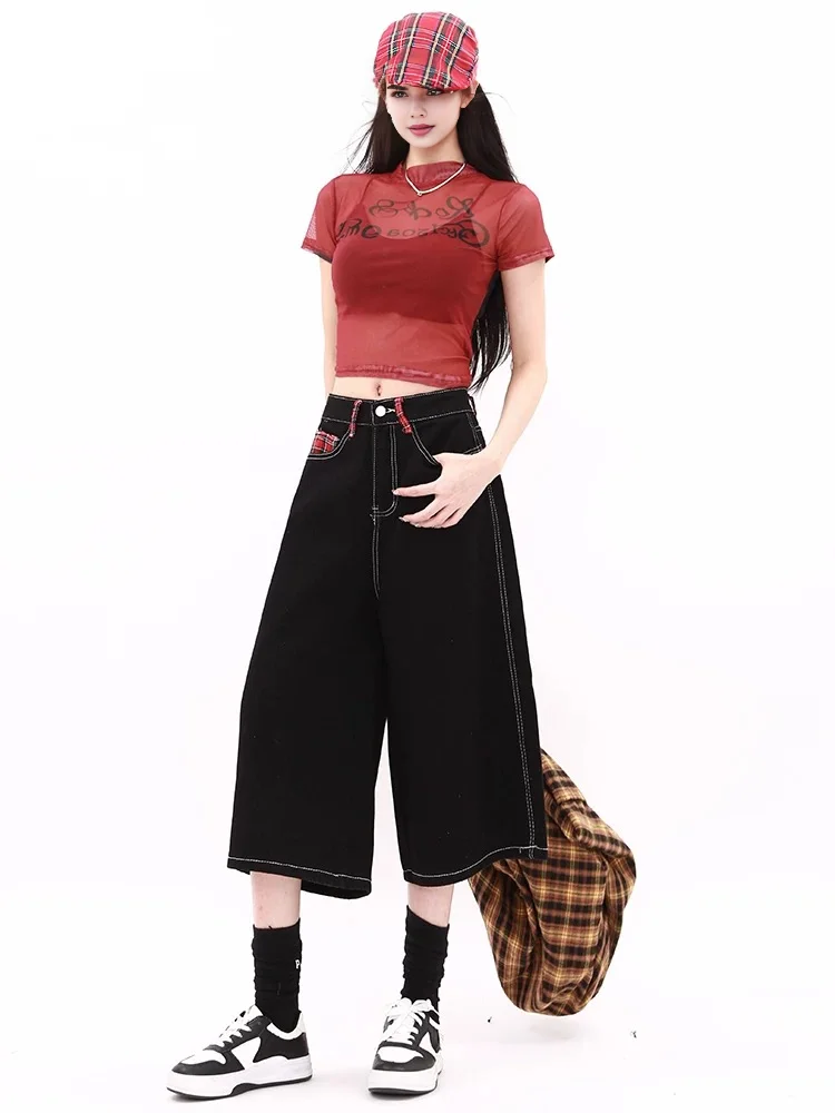 Vrouwen Y 2K Vintage Rode Plaid Patchwork Zwarte Jeans Scene Britse Engelandstijl Streetwear Cropped Broek Koreaanse Mode Kleding