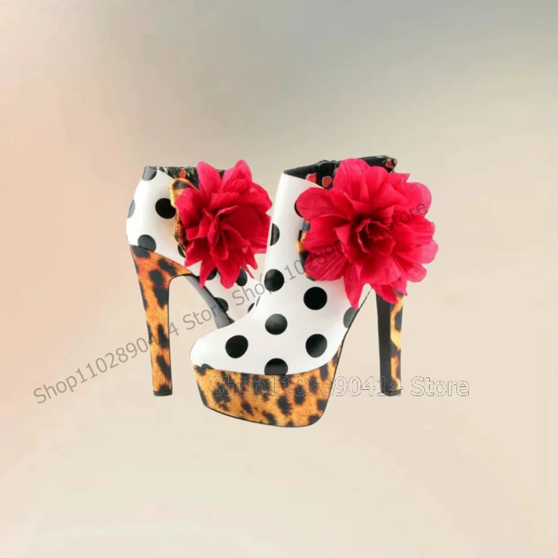 

Leopard Wave Point Print Red Appliques Ankle Boots Side Zipper Women Shoes Thin High Heels New Fashion 2024 Zapatos Para Mujere