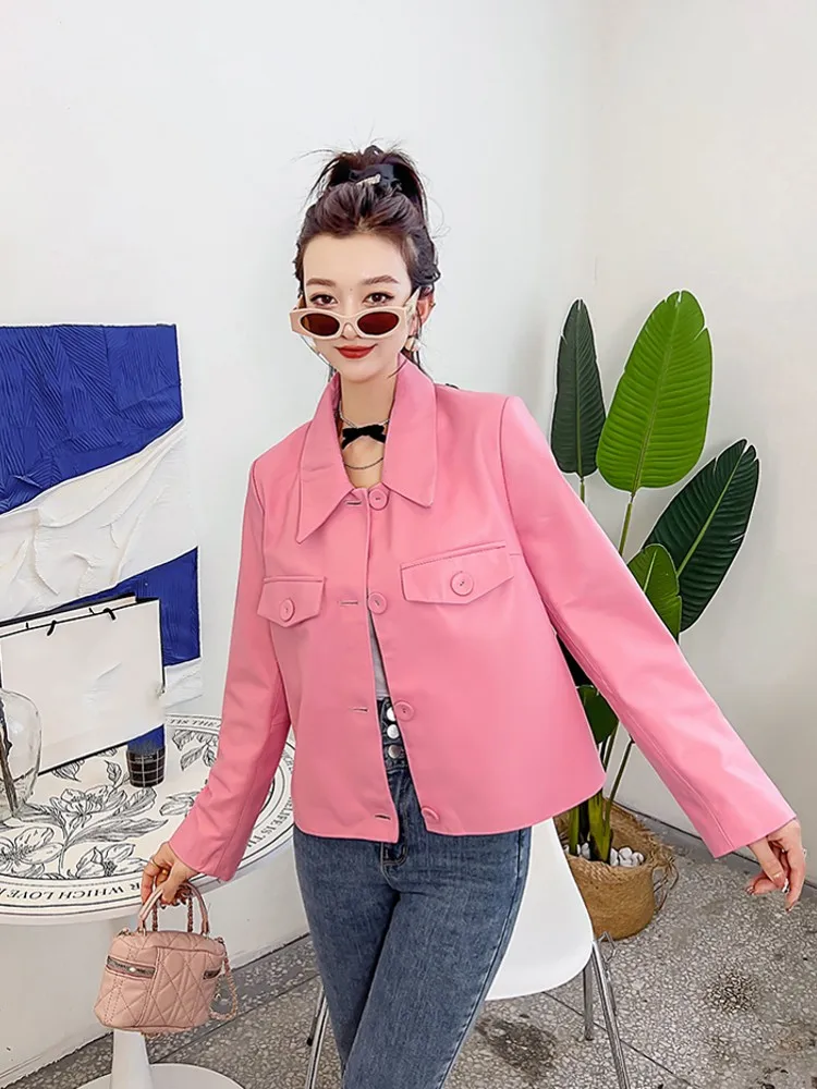 Autumn Women Pink Sheepskin Genuine Leather Jacket Single Breasted Sweet Ladies Outwear Coat New Fashion OL Casual Short Jacket