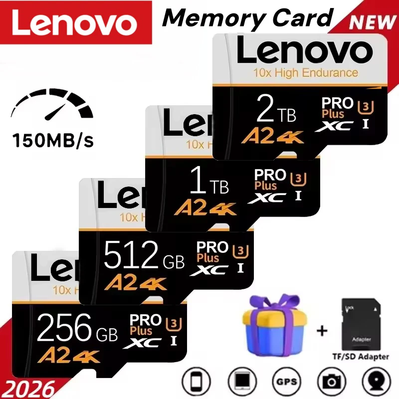Cartão de Memória Lenovo 2TB, Cartão de Memória 1TB, Cartão TF SD de 512GB, Cartão Flash de Grande Capacidade, Pen Drive de Alta Velocidade para PC/Celular/Mac/Câmera