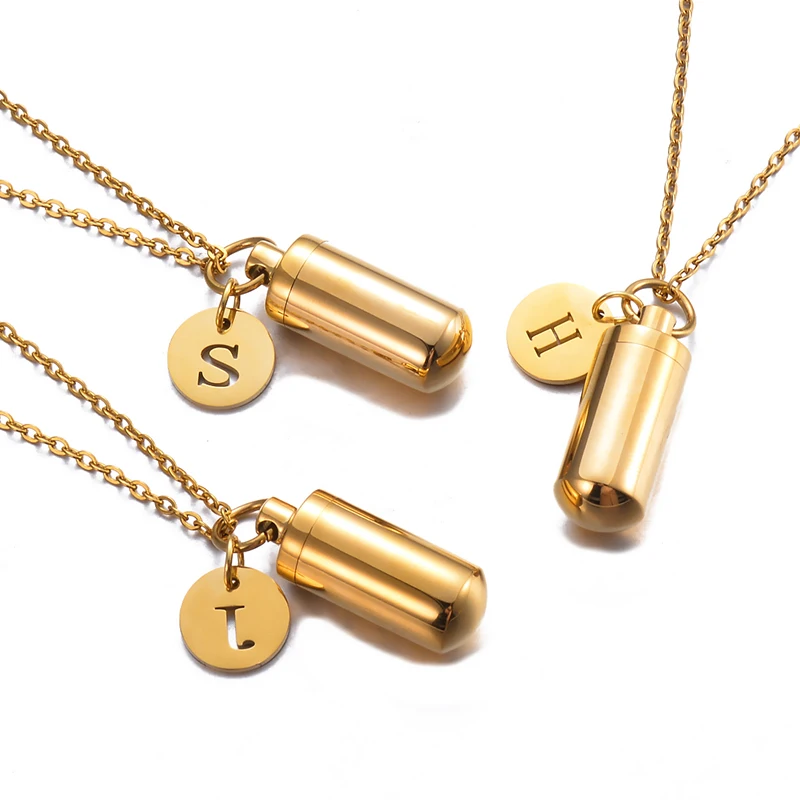 Gold Color Stainless Steel Cremation Urn Ashes Cylinder Vial Pendant Necklace  Letter Initial Charm Memorial Jewelry