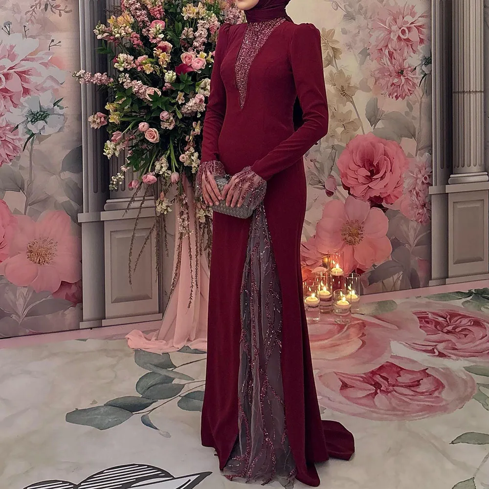 

Customized A-line Evening Dresses Floor-length High-neck Full Sleeve Prom Gown Simple Fashion Sequined Draped Casual Party Gown