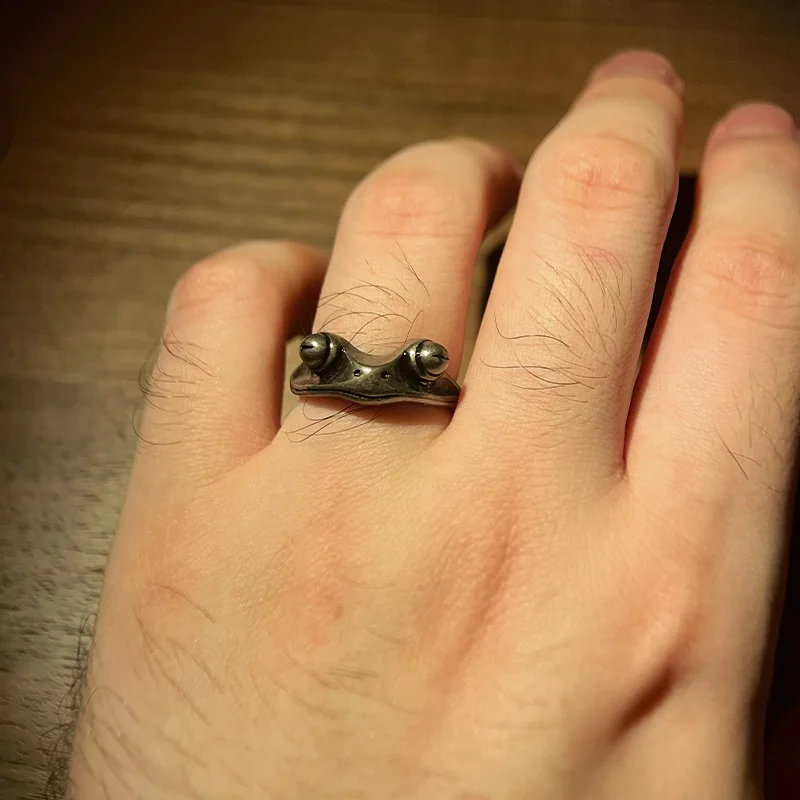 Retro Distressed Frog Ring For Men Punk Gothic Adjustable Open Ring Handmade Antique Tin Drawing  Jewelry Creative Accessories