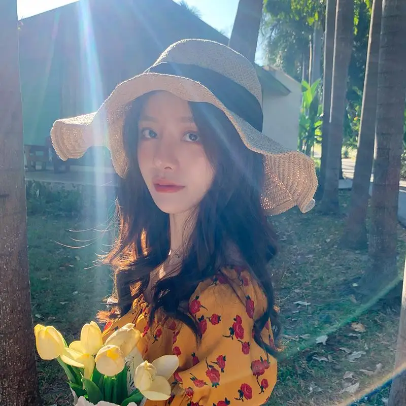Women's Summer Beach Straw Hat Foldable Large Brim Korean Japanese Sle Trendy  Face Covering Sun Protection Hat