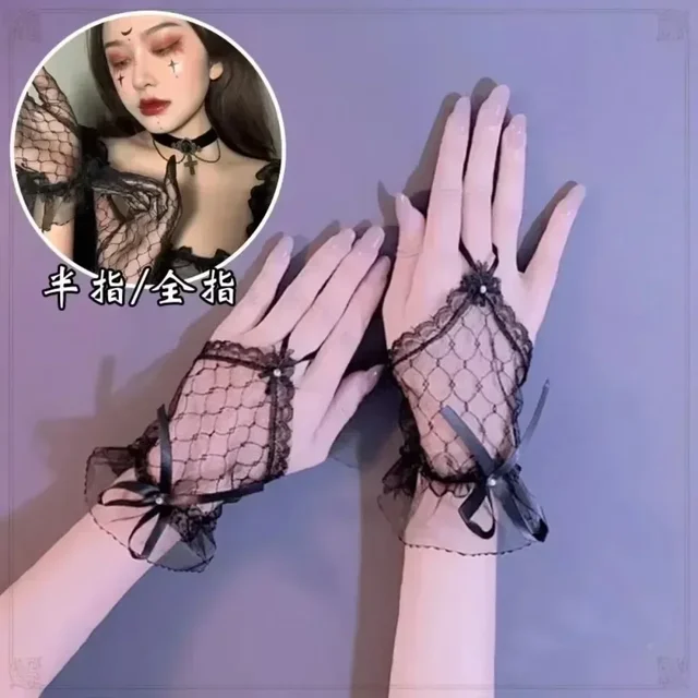 Gotyckie krótkie czarne rękawiczki kobiece Harajuku koronkowe ślubne dla nowożeńców Halloween sukienka Lolita siatkowa gaza kokarda rękaw rękawiczki kabaretki