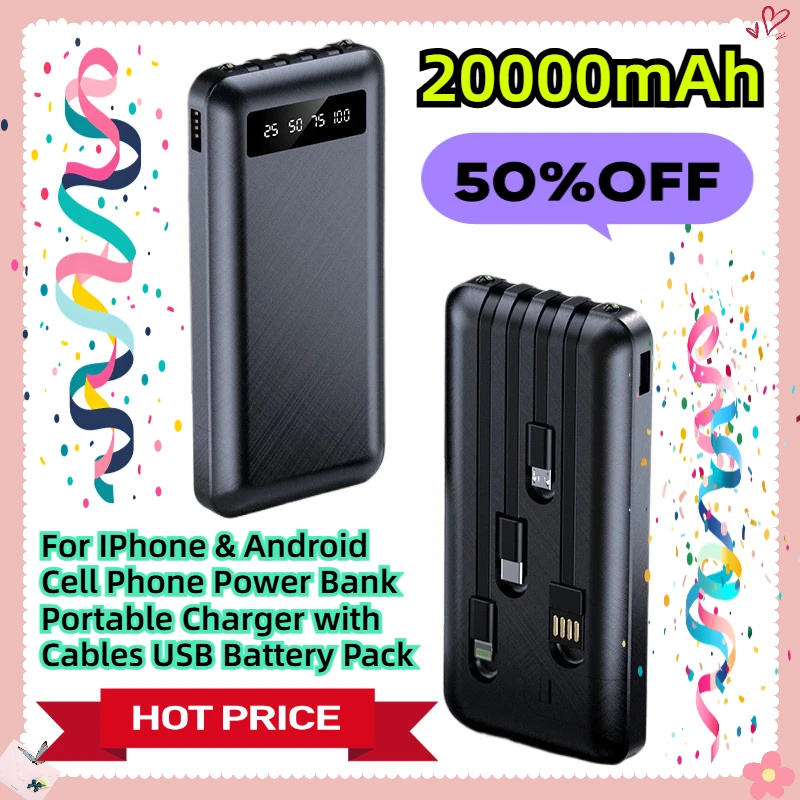 

20000mAh For IPhone & Android Cell Phone Power Bank Portable Charger with Cables USB Battery Pack