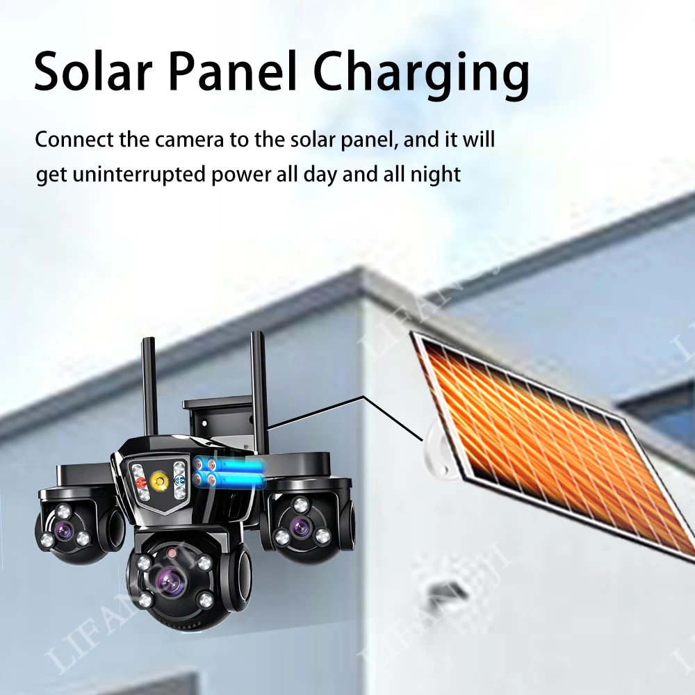 15MP 3-Lens Three Screen 4G Sim Solar Camera Outdoor Surveillance WiFi 10X Digital Zoom Auto Tracking Security Cameras V380 Pro