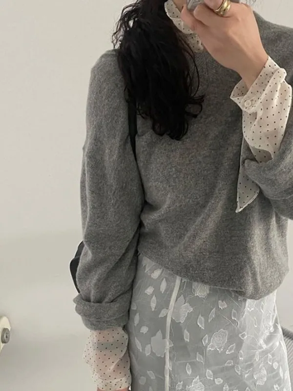 قميص أنيق ربيعي لطيف بياقة واقفة وتصميم كتلة الألوان فضفاض بأكمام طويلة قميص علوي بنمط منقط موضة نسائية