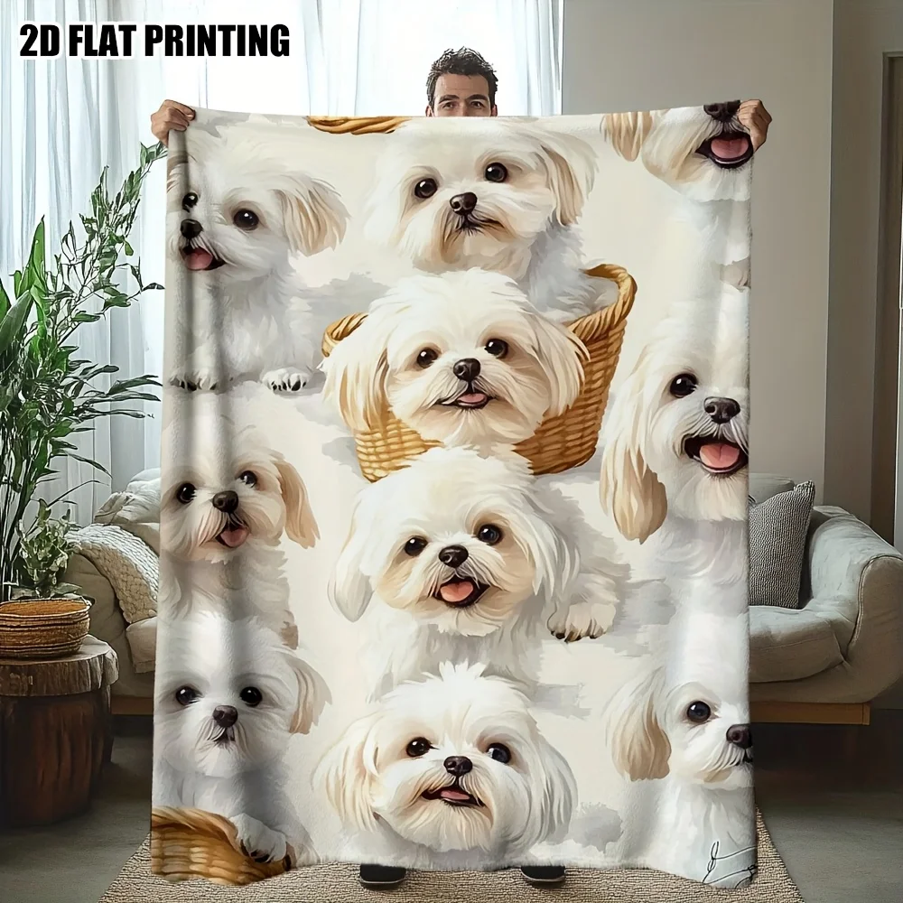 A Double-Sided Maltese Fleece Blanket - Ultra-Soft And Warm for All Seasons, Featuring a Cute Pet Dog Face Design in a Basket St