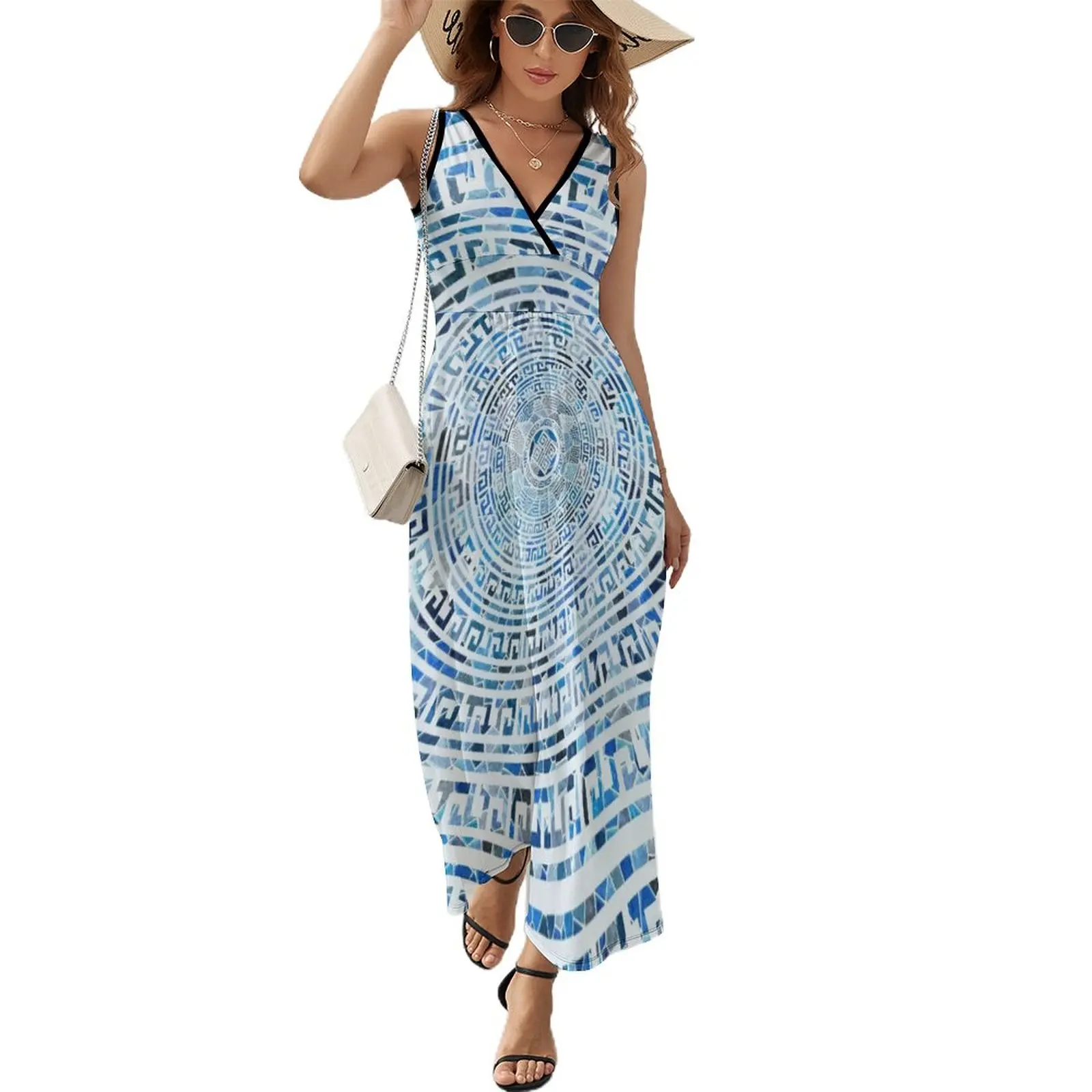 

Circular Greek Meander Pattern - Greek Key Ornament Sleeveless Dress Beachwear Evening gown long dresses for women