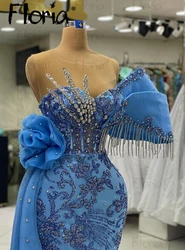 Luxury Blue Beading Long Evening Dress Women Side Train Off Shoulder Tassel Crystals Wedding Guest Gowns Tailor Customized Prom