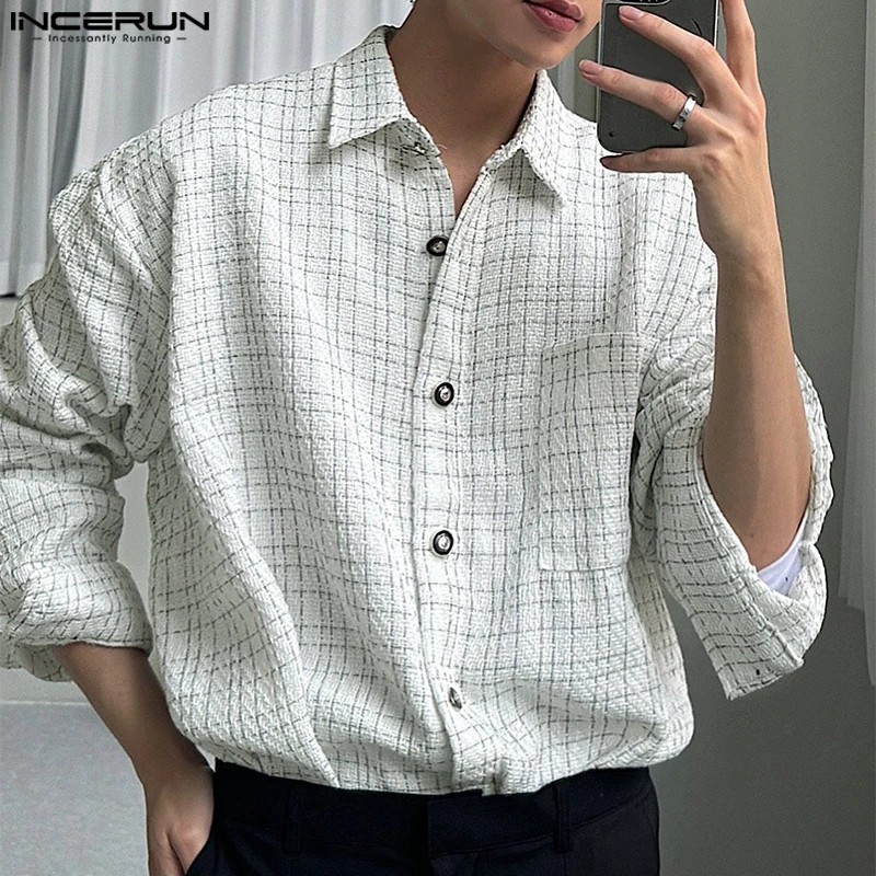 INCERUN Handsome New Men's Woven Texture Design Shirts Casual Streetwear Hot Selling Male Long Sleeved Lapel Button Blouse S-5XL