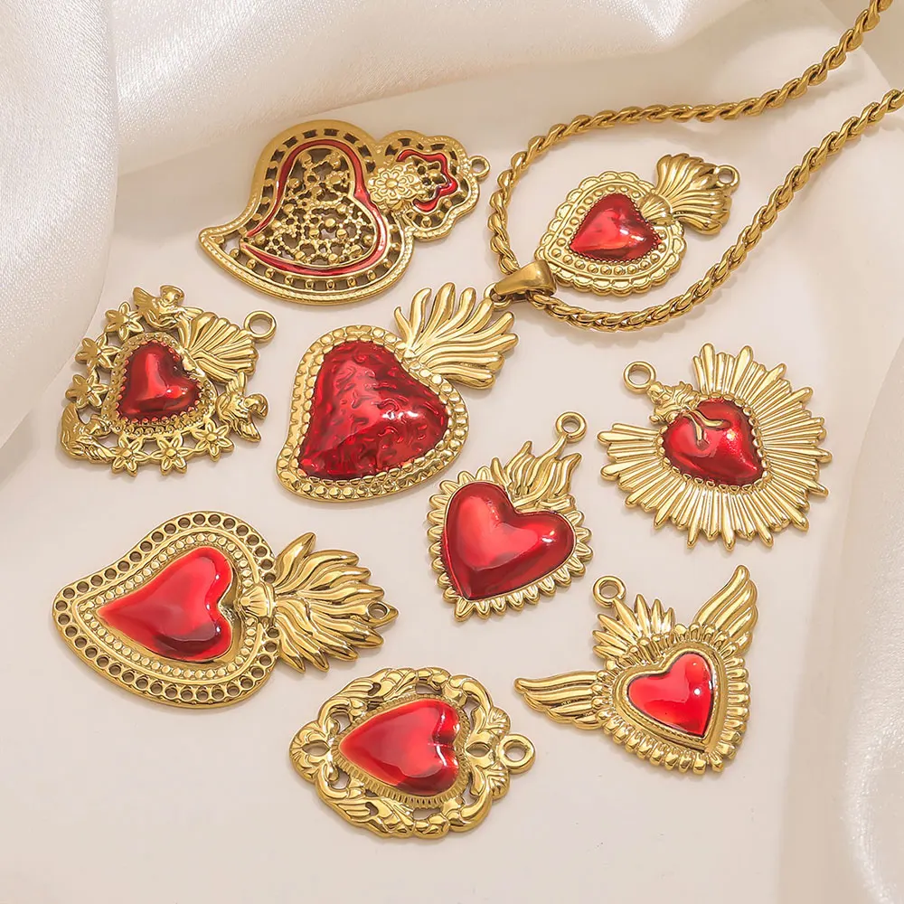 3 قطعة مطلية بالذهب القلب الأحمر المقدس دلايات من الفولاذ المقاوم للصدأ دوريان نمط الحب قلادة DIY بها بنفسك المرأة مجوهرات قلادة القرط سوار #3
