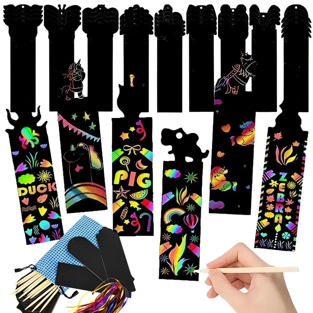 12pcs Random Style Rainbow Scratch Off Bookmark with Wooden Styluses & Colorful Ribbons for DIY Crafts, Birthday Gifts YMY