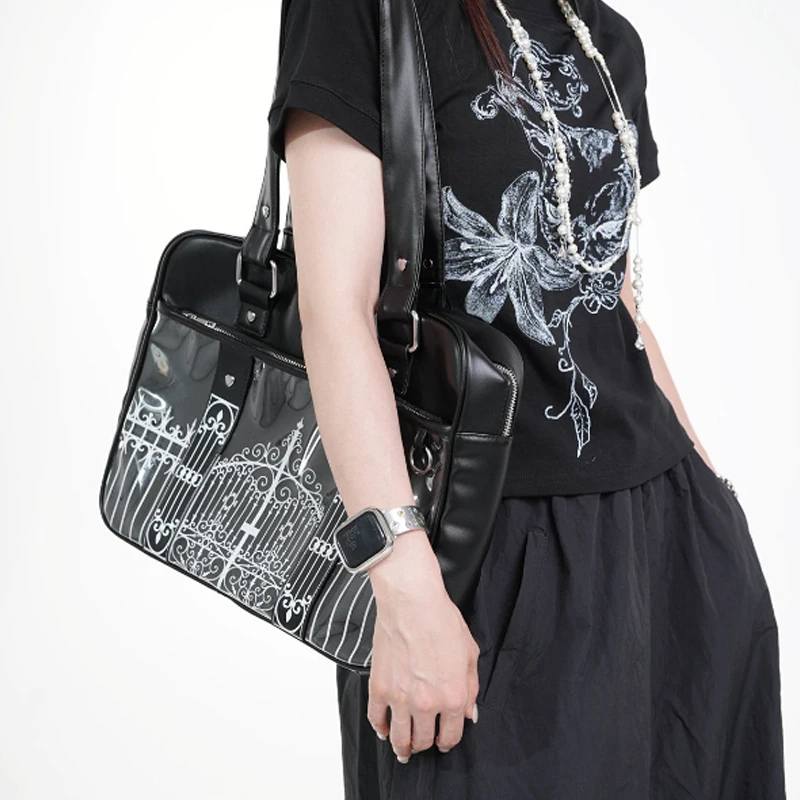 Gothic Ita Bag mit transparentem PVC-Fenster, Damen-Umhängetasche mit Eisentor-Design-Print, Vintage-Handtasche, schwarze Tragetasche – Detail 6