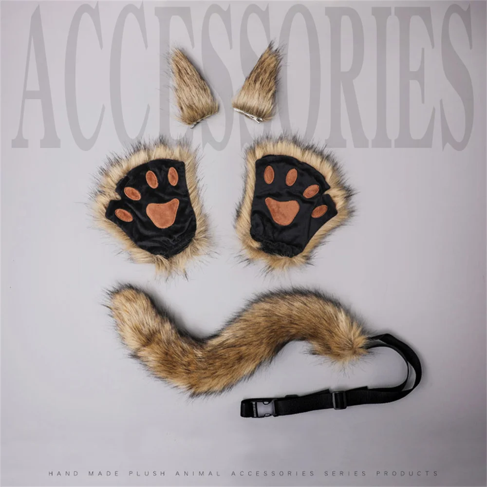 

7 Colors Fox Cat Ear Tail Gloves Set Furry Cute Paw Hair Clip Cosplay Party Plush Fursuit Animal Ear Tail Halloween Costume