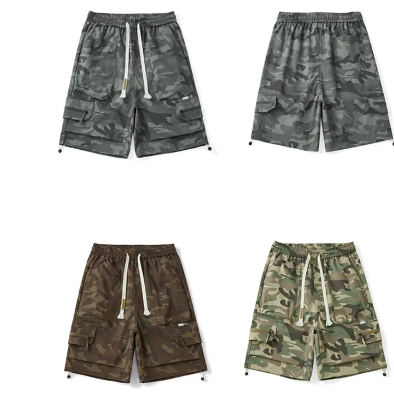 Summer Elastic High Waisted Zipper Drawstring Camouflage Geometric Pockets Casual Cargo Men's Clothing England Style Shorts