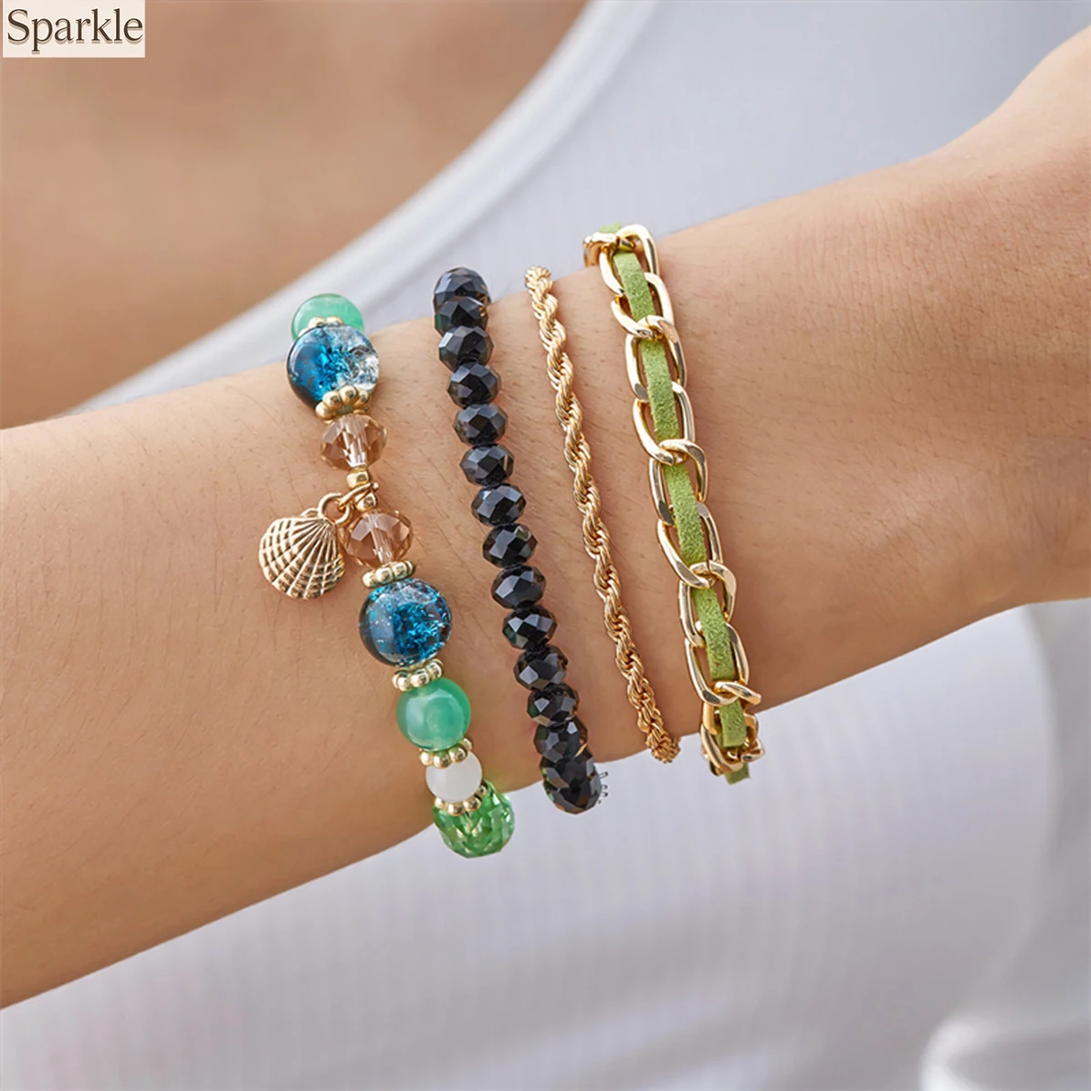 Gold Tone Shell Charm Leather Chain 4-Piece Layered Beaded Bracelet Set Bohemian Stackable Hand Jewelry for Daily Casual Fashion