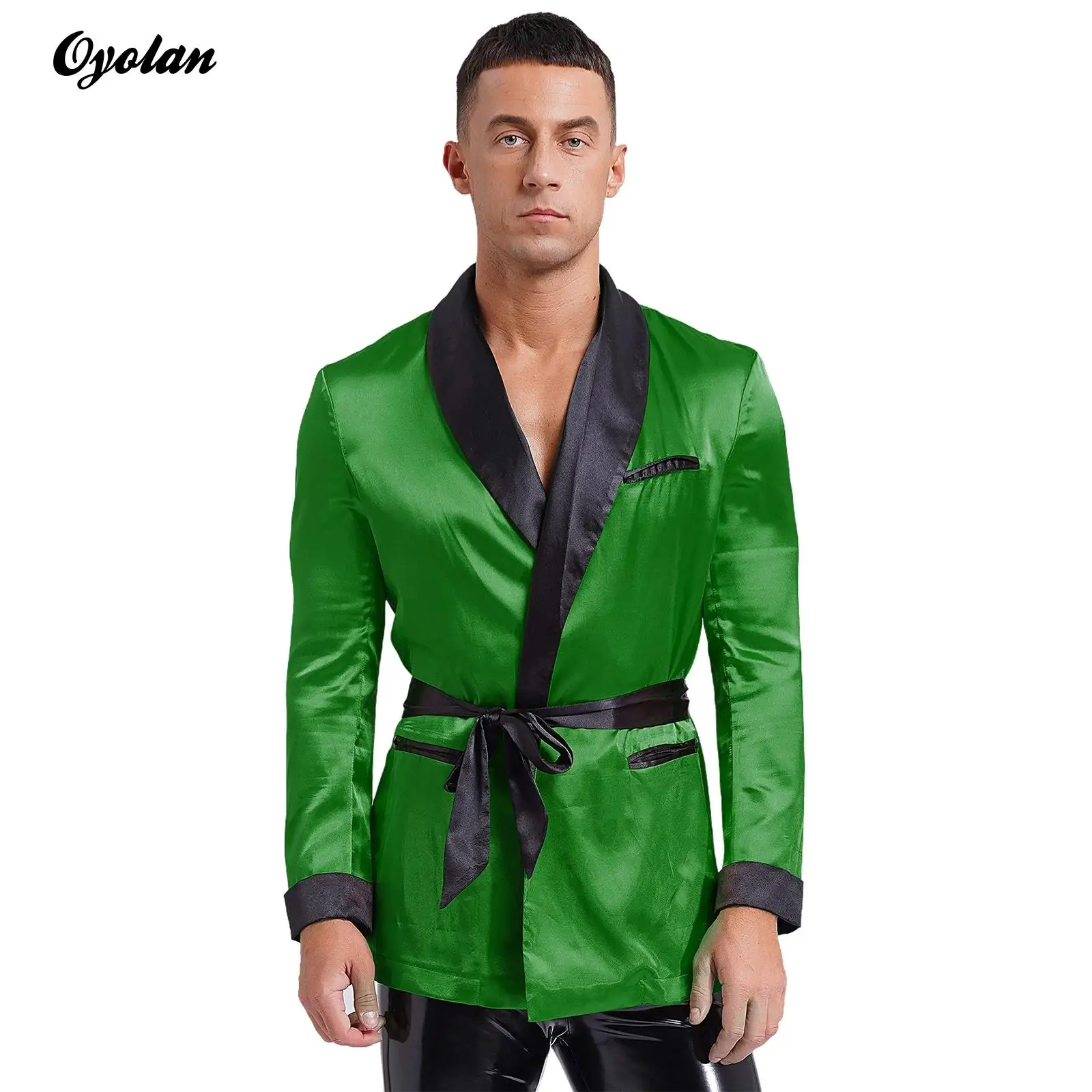 Mens Smoking Jacket Robe with Belt Dressing Gowns Lapel Long Sleeve Side Pockets Satin Kimono Bathrobe Nightwear Loungewear