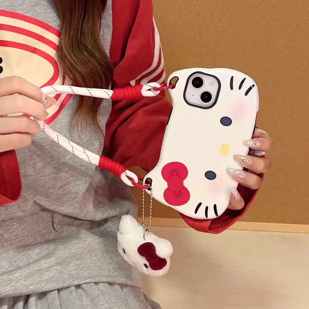 الكرتون الجلد الملمس أحمر الخدود مرحبا كيتي شريط للرسغ جراب هاتف آيفون 16 برو ماكس 15 برو 14 13 التغطية الكاملة الهاتف واقية #3