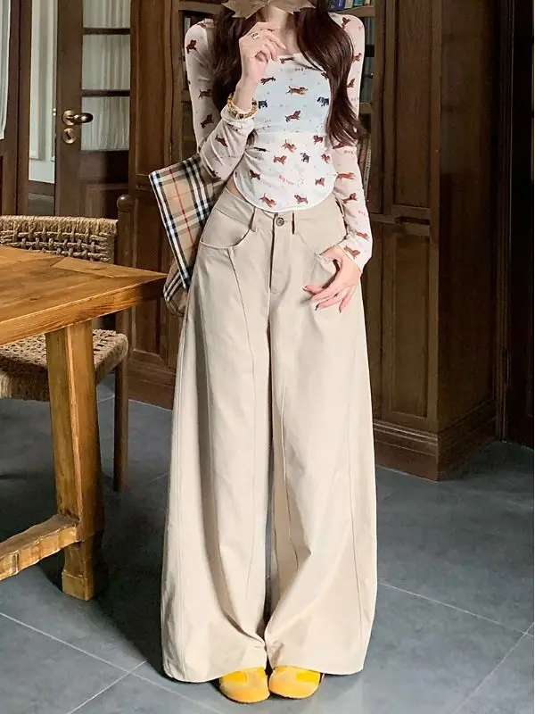 Wijde pijpen broek Y2K leer dames lente plooien tailleband club splitsen twill wasbaar verstelbaar minimalistische sjerpen chic woon-werkverkeer