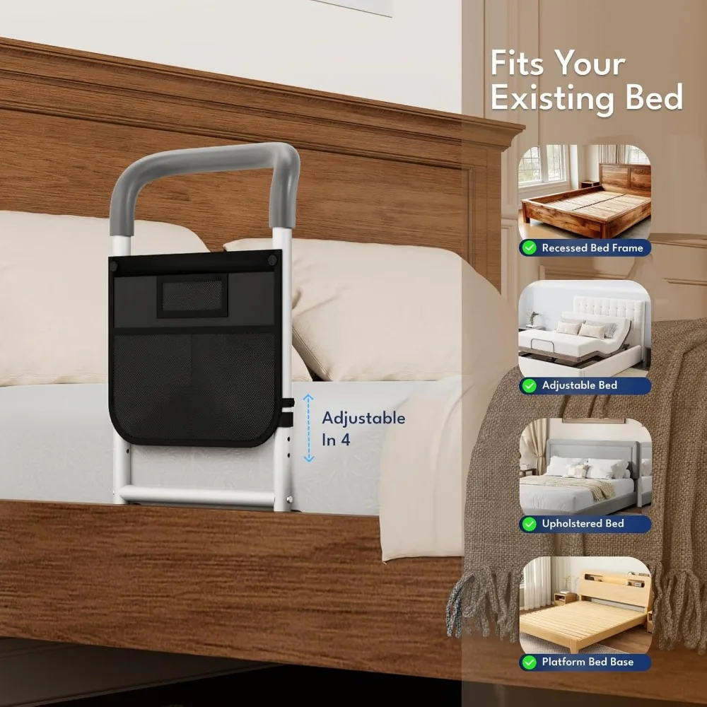 Adjustable Bed Safety Rail for Seniors, Heavy Duty 350lbs Support with Storage Pocket & Strap, Fits Standard Beds (Grey)