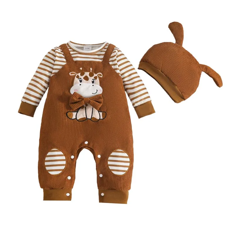 

Autumn Baby Clothing 3-18 Months Boys Girls Bodysuit Cute Giraffe Striped Long Sleeves Jumpsuits with Hat Newborn Clothes