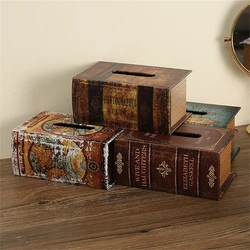 Retro European Simulation Book Tissue Box Wooden Coffee Table Napkin Storage Box Living Room Decoration Leather Tissue Organizer