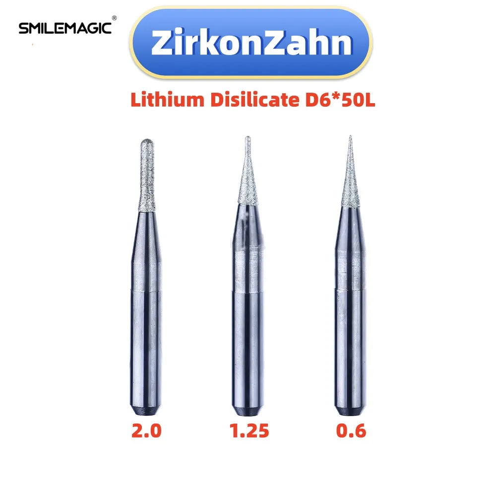 Zirkonzahn Milling bur for Lithium Disilicate Shank D6 Milling Cutter Diameter Drill  Milling Burs 2.0/1.25/0.6mm material