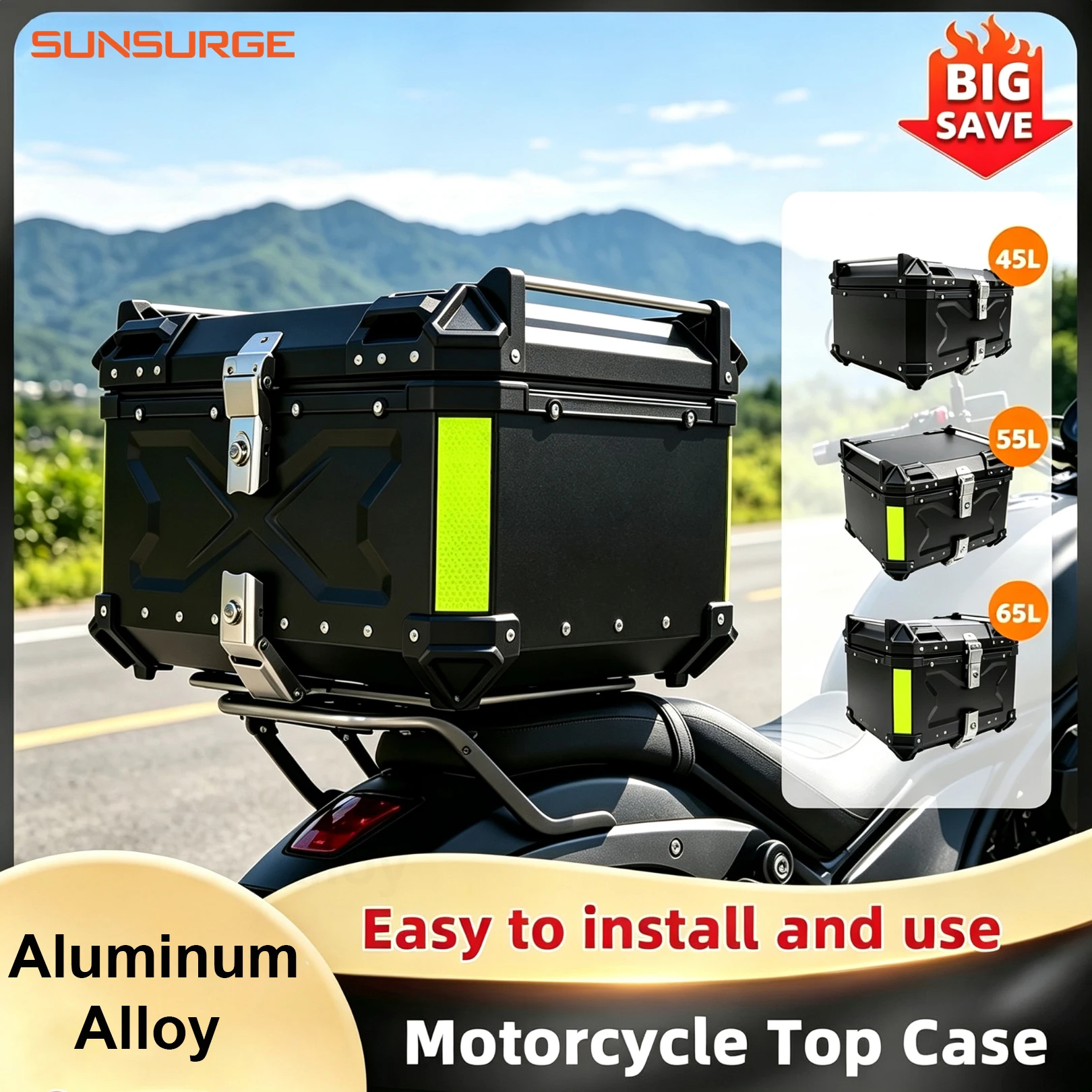 Baule posteriore universale per moto Sunsurge, in lega di alluminio, 45L 55L 65L, baule posteriore impermeabile per moto, baule per casco, baule per attrezzi con chiusura rapida.