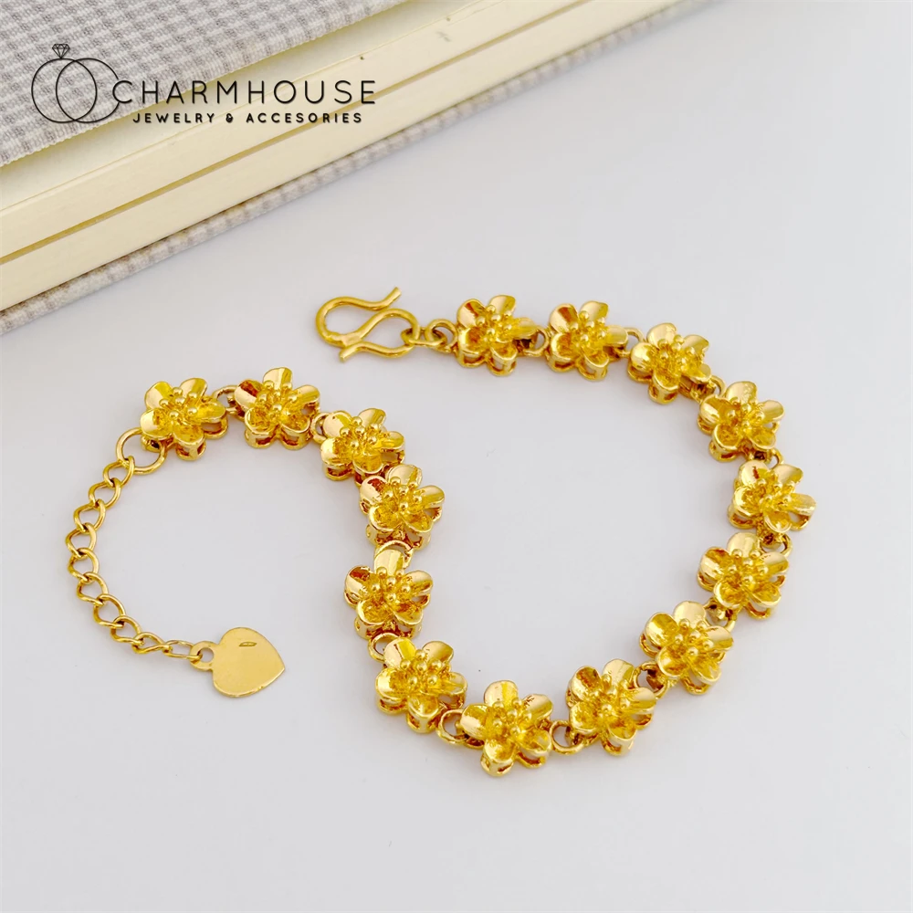 Gold Plated Charm Bracelets For Women Flower Chain Bangle Wristband Pulseira Wedding Jewelry Accessories Wholesale Bijoux Gift