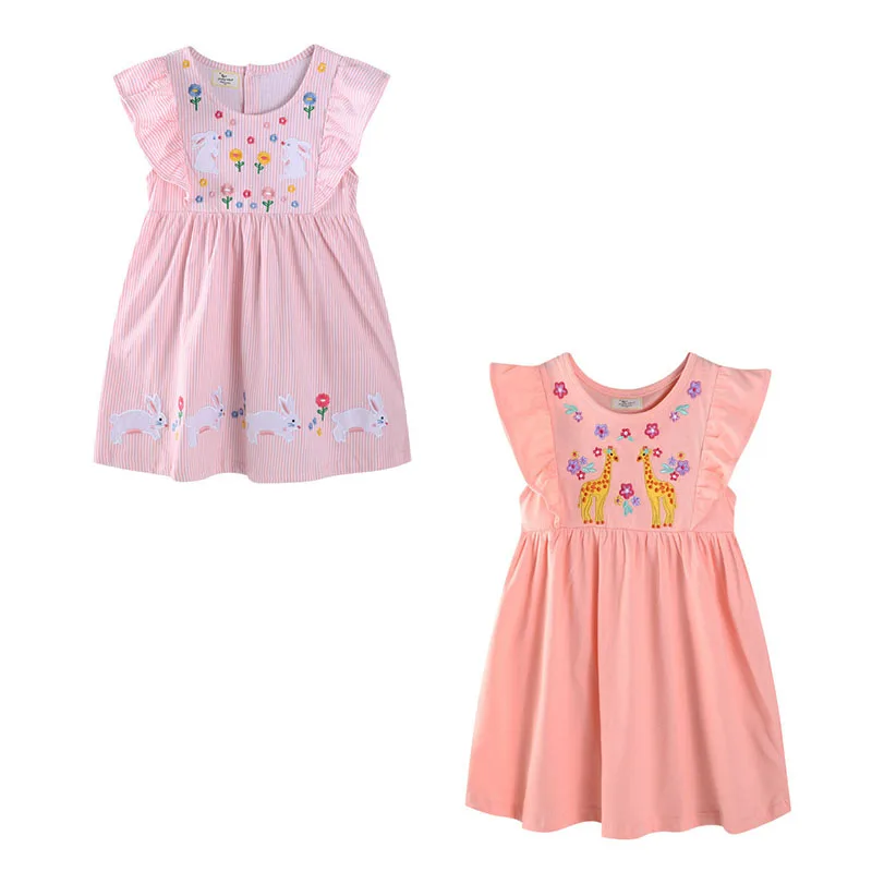 Jumping Meters 2-7T New Hot Sell Cotton Princess Rabbit Embroidery Striped Girls Dresses Summer  Fashion Cute Children Clothes
