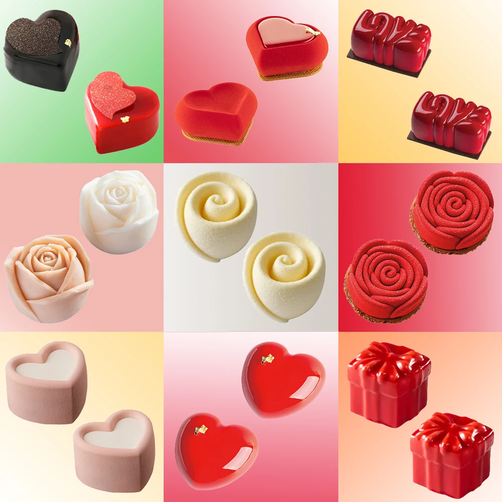 Herz- oder Rosen-Design, französische Mousse-Formen, romantische Valentinstag-Küche, Backgeschirr, Dessert-Dekorationswerkzeuge, Silikon-Kuchenformen