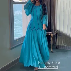 Sky Blue Evening Dress Customized Round Neck Puff Sleeves Beading Chiffon Floor Length Arabian Prom Gown Saud Party Dresses