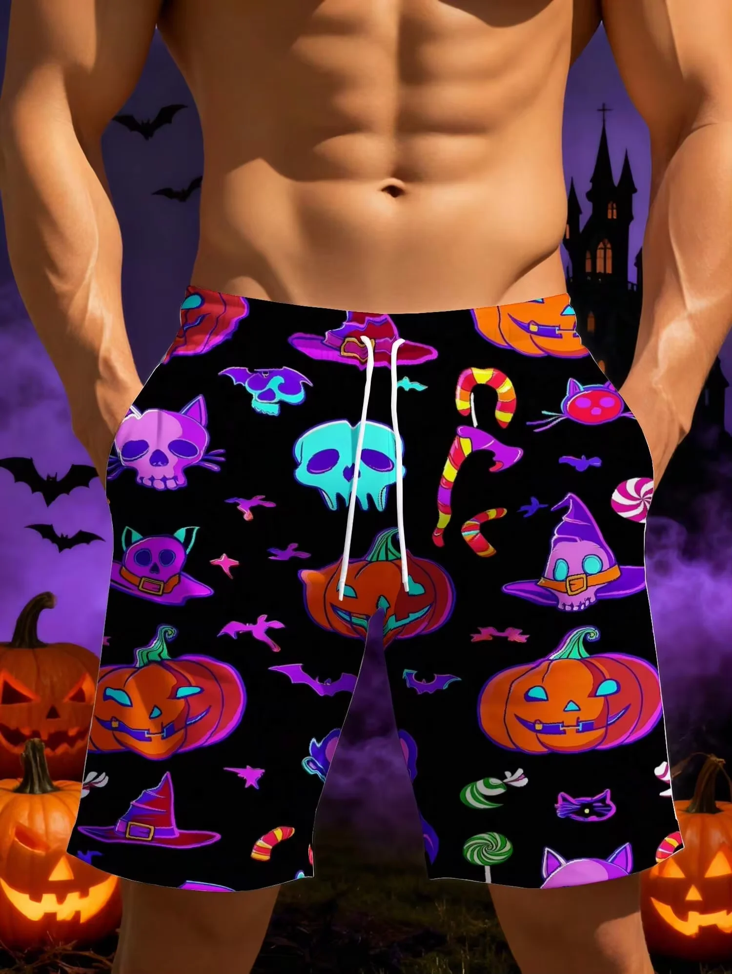 

Men's Beach Shorts Halloween Costume Pumpkin Skull Bat Candy Witch Pattern 3D Print,Fashion Vacation Casual,Lightweight Comfortable,