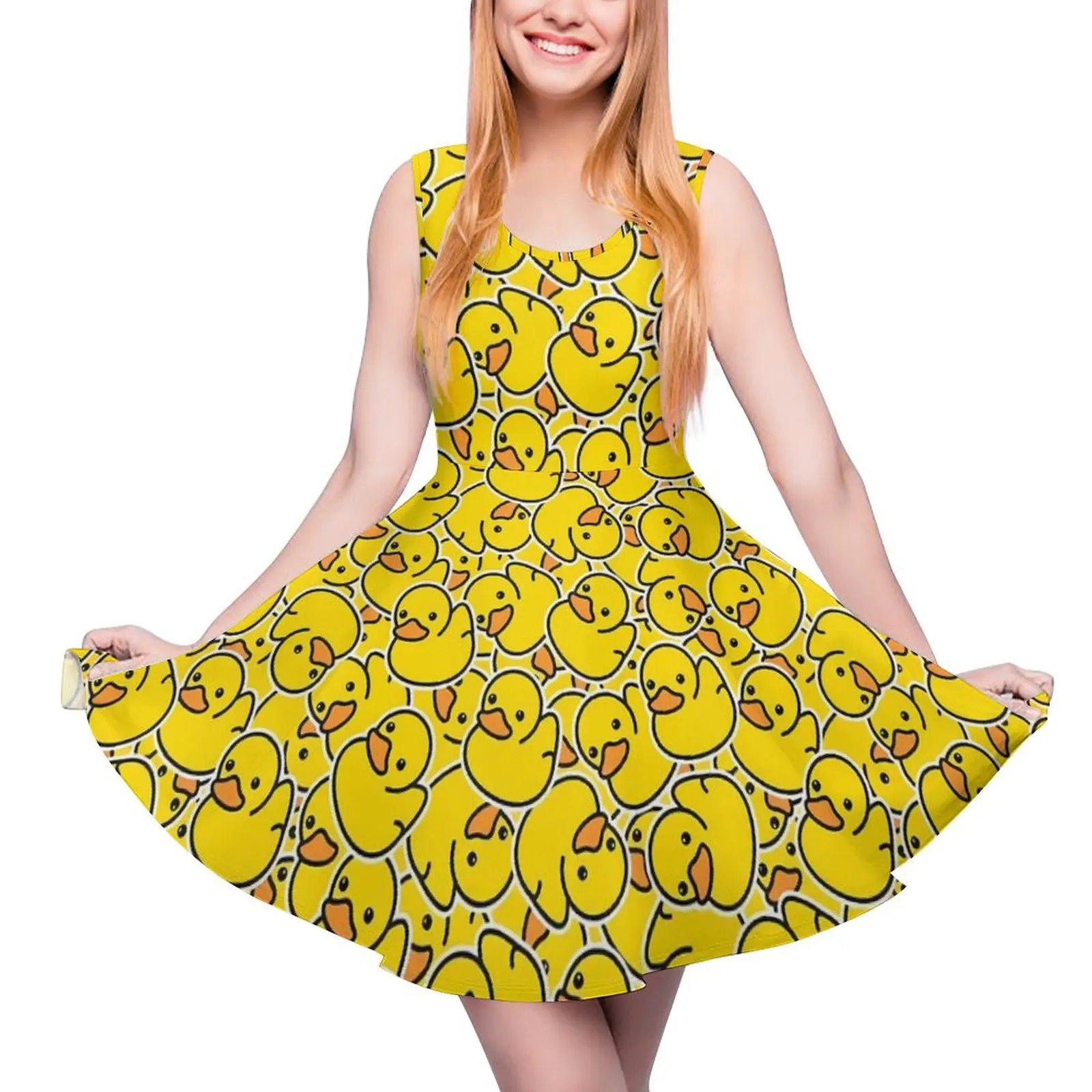 Yellow Classic Ducks Dress Kawaii Animal Aesthetic Dresses Female Kawaii Skate Dress Summer Graphic Vestido Big Size