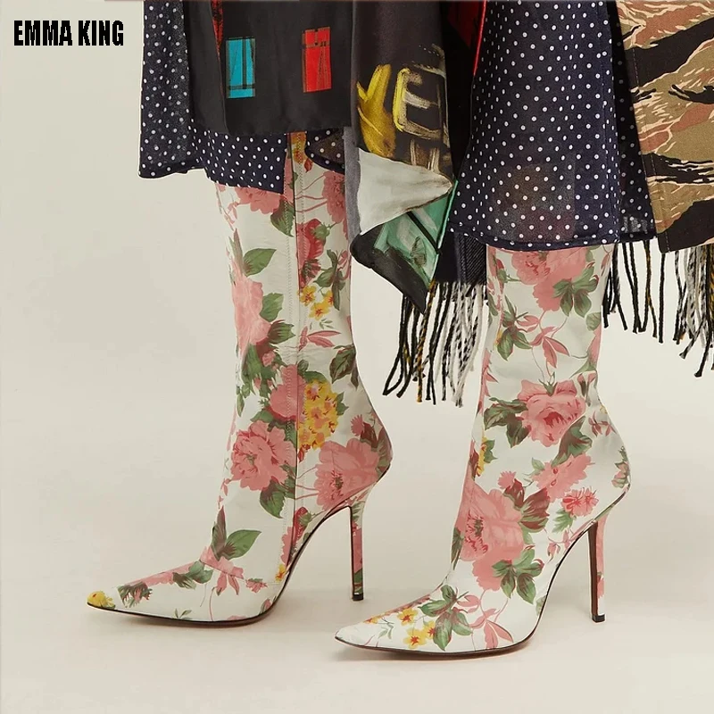 

2024 Women Knee High Boots Sexy Thin High Heel Pointed Toe Ladies Calf Boots Microfiber Flower Dress Women's Boots Plus Size 44