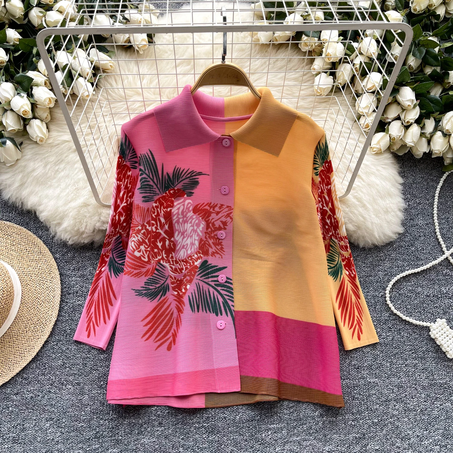 

Retro loose sweet print Turn-down Collar lool sleeve korean fashion basics Blouse Slim Shirt Women summer Top